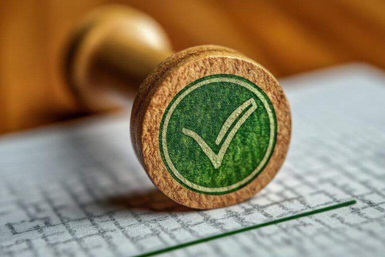 Timbro in legno con segno di spunta verde, appoggiato su carta.
